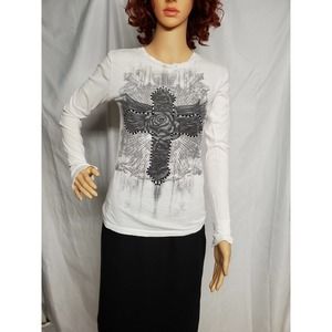Stranded L/S Rose Winged Cross Women's Shirt Top / Size M